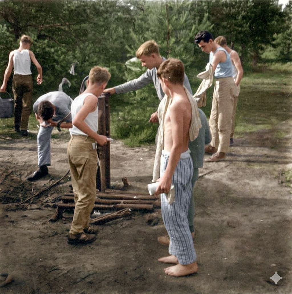 Kampers wassen zich met koud pompwater in Heerde Kampers wassen zich met koud pompwater in Heerde
